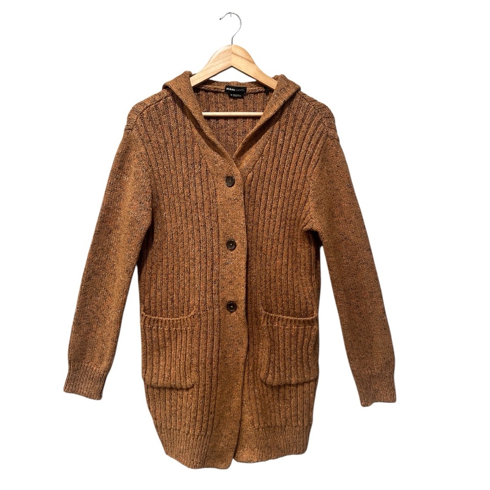 PrAna brown marled hooded cardigan sweater size small